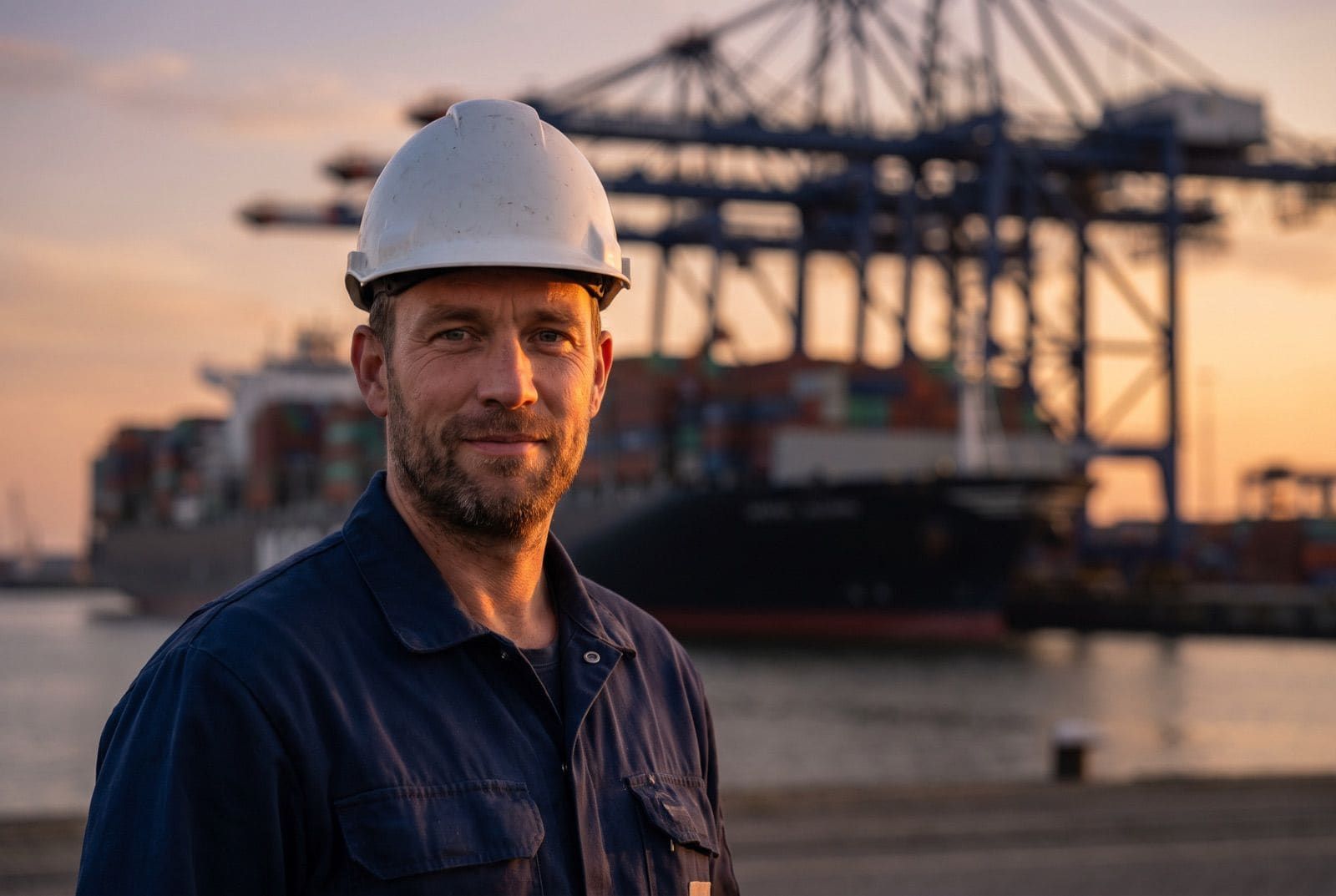 An offshore professional in work gear at a port facility