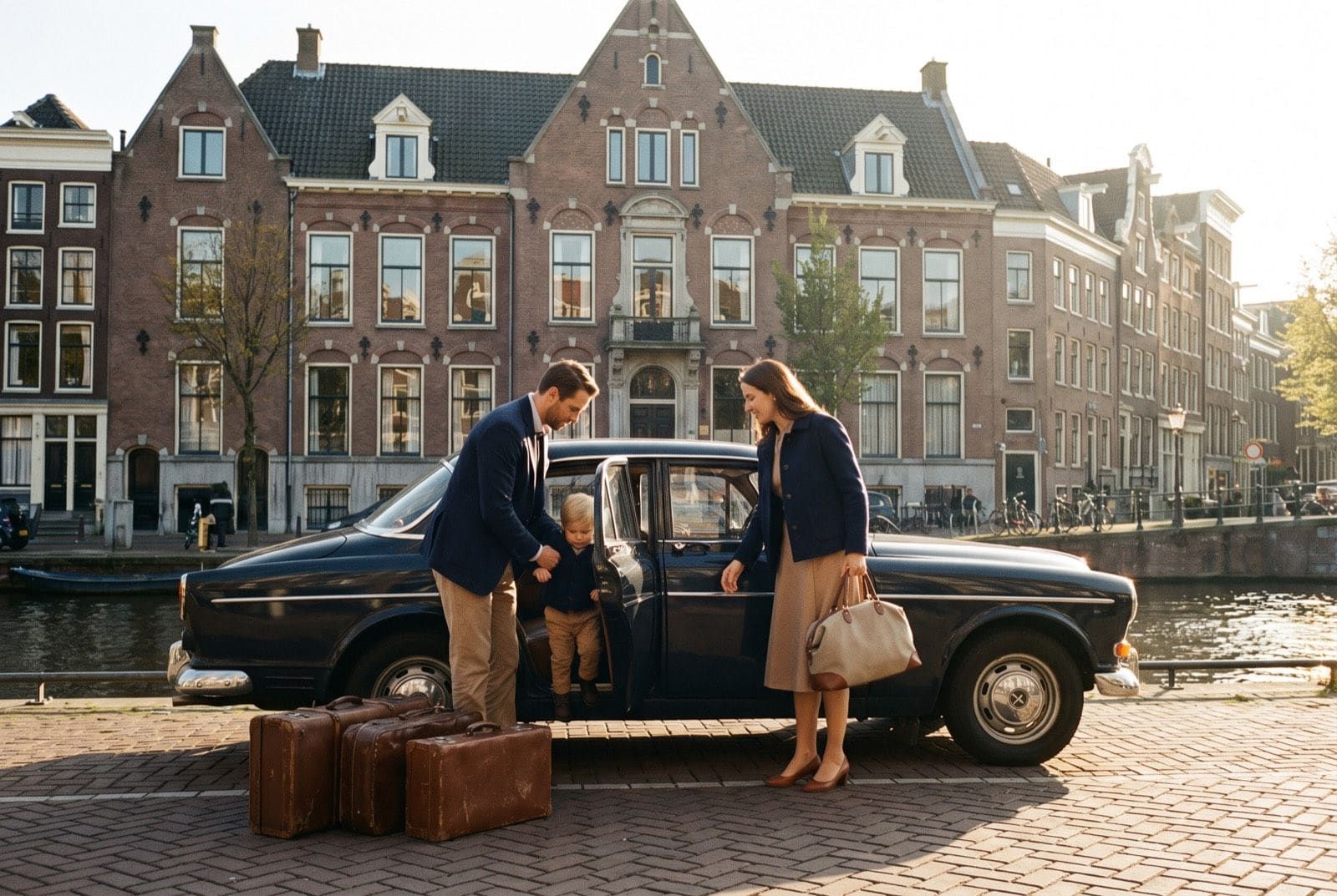 Family arriving at a Dutch canal-side home