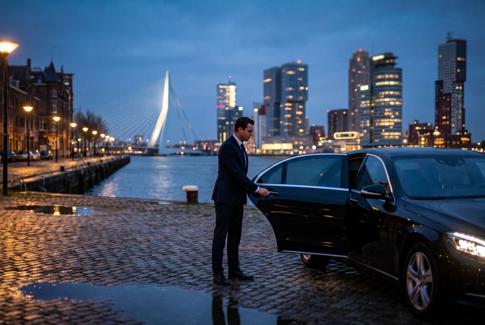 Chauffeur opening a car door against the Rotterdam skyline