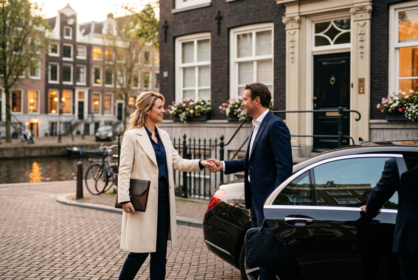 Host greeting a couple arriving by car at a canal-side hotel